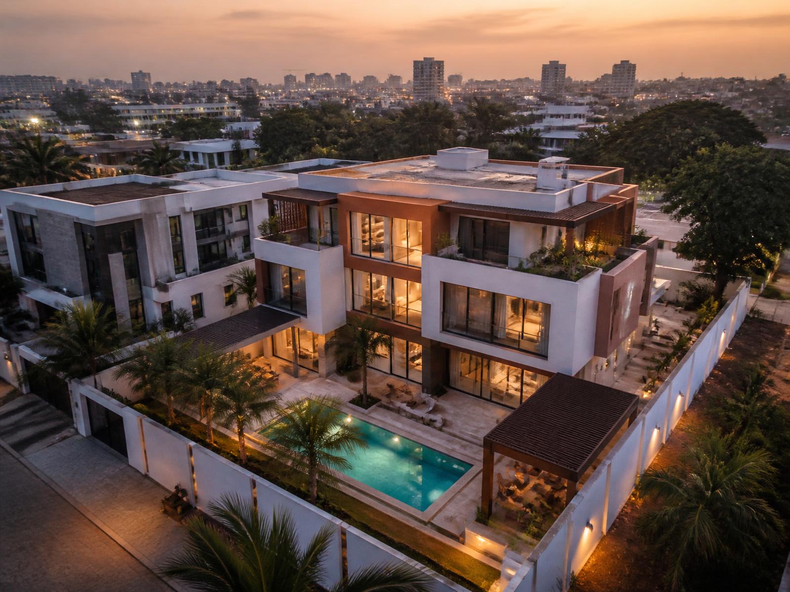 Modern luxury estate at dusk in Lagos, Nigeria
